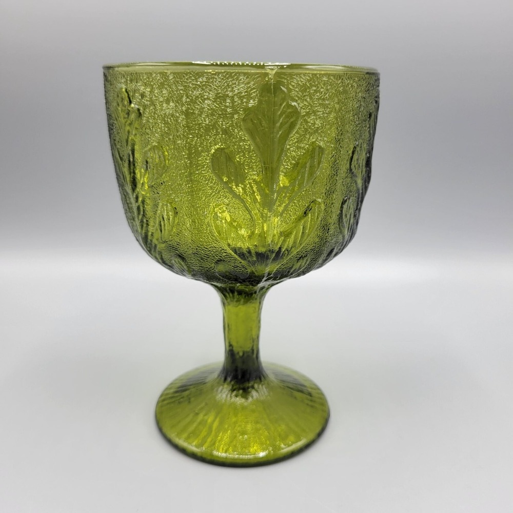 Vintage 70s FTD Avocado Green Glass Goblet With Embossed Leaf Design